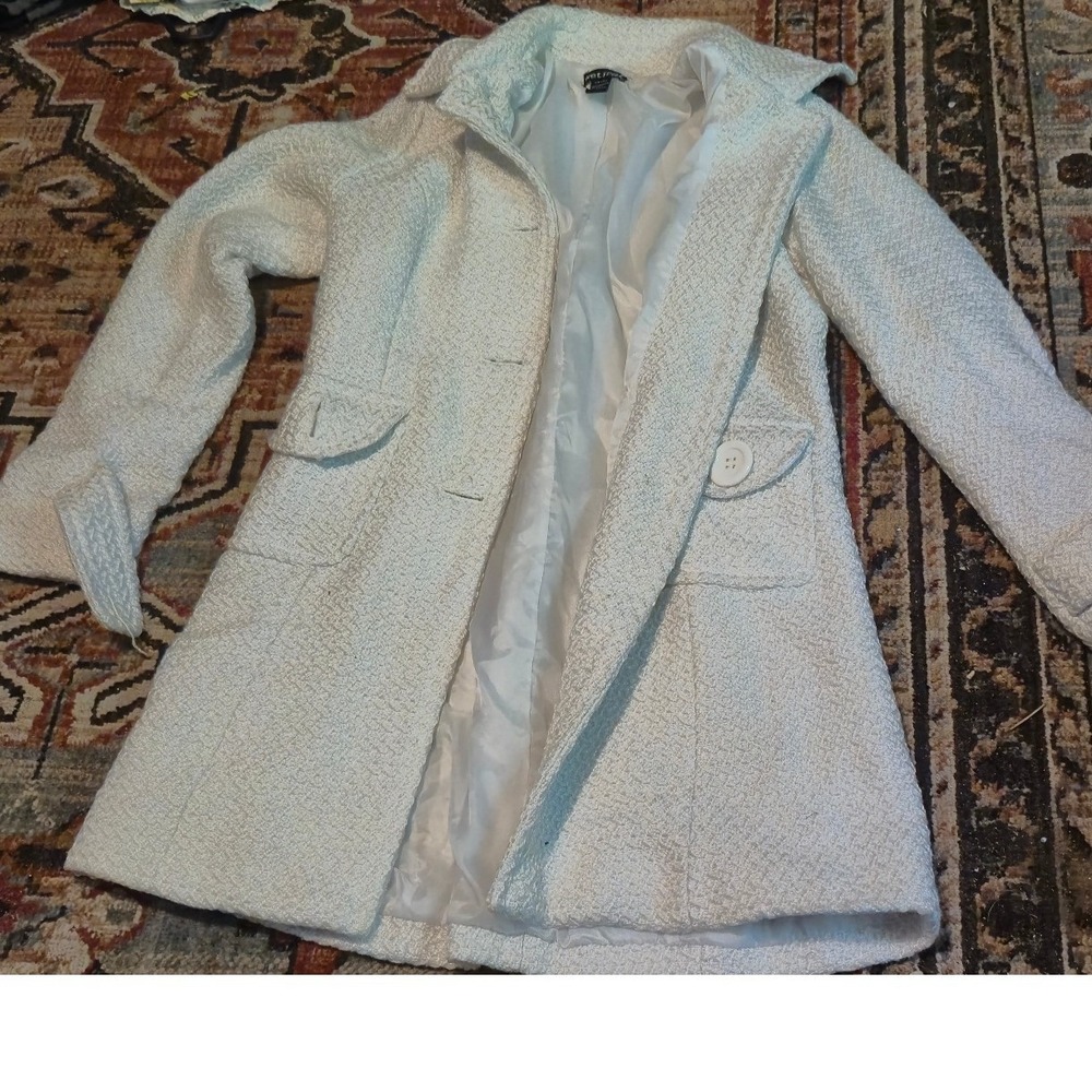 Wet Seal Womens White Boucle Button Front Pea Coat Jacket Large IJ811
